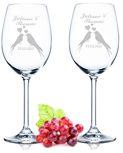 Leonardo Verre à vin avec gravure nom & date au design Wedding Bird – Cadeau de mariage ou de fiançailles – Personnalisable avec gravure personnalisée – Cadeau de mariage parfait