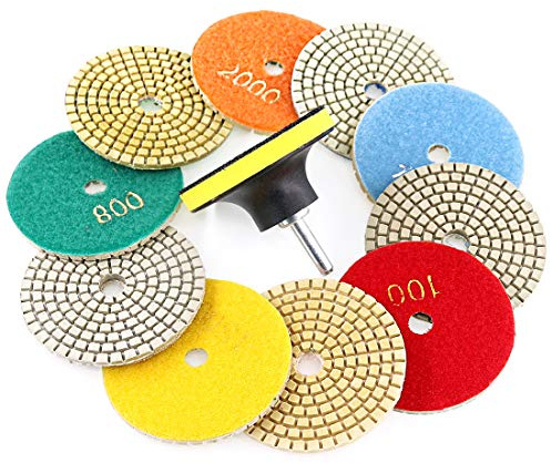 Swpeet 11 st diamantpoleringsdynor kit, 10 st 7,5 cm våt/torr poleringssats poleringsdynor kit med 1 st 7,6 cm gul bakplatta för granit marmor sten glas kvarts polering