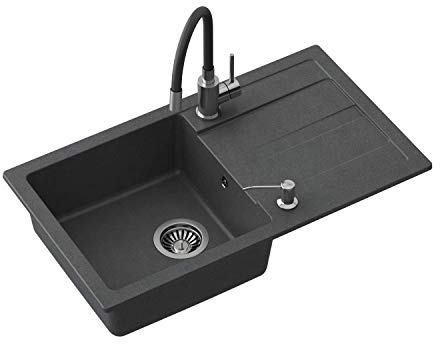 VBChome Diskbänk med kran 77 x 44 cm svart enkel handfat inbyggd diskbänk dränering spränglad reversibel kompositdiskbänk + sifon diskmedelsdispenser armatur