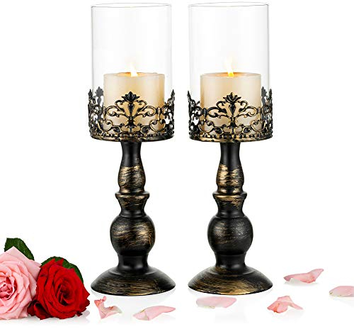 Nuptio 2 Piezas Candelabros para Velas de Pilar con Cubierta de Pantalla de Vidrio, Candelabro Antiguo de Huracán para Hogar Boda Chimenea Mesa de Comedor Decoración