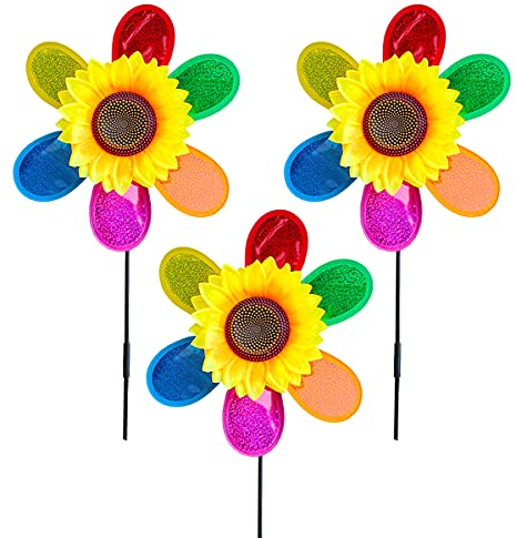 LUKDUNG 3 Pieces Wind Spinners, Sunflower Windmill, Colorful Sequin Wind Mill Outdoor Flower Pinwheels Garden Ornament, Bird Deterrent, Scarecrow