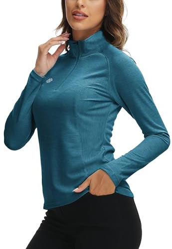AjezMax Womens 1/4 Zip Long Sleeve Running Top Ladies Gym Sports Yoga Tops UPF 50+ Outdoor Hiking Cycling Golf Shirts Sea Blue Size XL