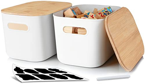 Citylife Storage Bins with Bamboo Lids 7QT Plastic Storage Containers Stackable Organizer Boxes with Handle for Desk Snacks, Toys, 2 PCS, 10 L x 7 W x 5.8 H