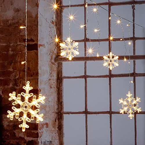 Spetebo LED Schneeflocken Lichtervorhang mit Timer Batterie betrieben - 210 cm - Lichterkette mit 60 LED in warm weiß - Schnee Flocke Weihnachtsdeko Fensterdeko für Außen