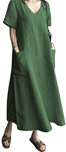 AUDATE Women's Summer Beach Long Dress V-Neck Casual Short Sleeve Kaftan with Pockets Green L