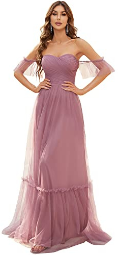 Ever-Pretty Women's Ruffles Sleeve Off The Shoulder Empire Waist A Line Tulle Floor Length Prom Evening Dresses Orchid 14UK