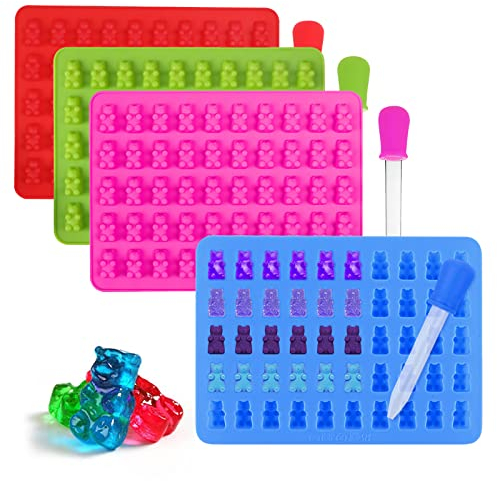Sadodo Silicone Chocolate Mould,Pack 4PCS Mini Bear Gummies Moulds,Fruit Snack Molds,Candy Sweets Molds,with 4 Dropper,Ice Cube Tray,Mini Cute Bear Jelly Mould,Gift DIY Birthday Halloween