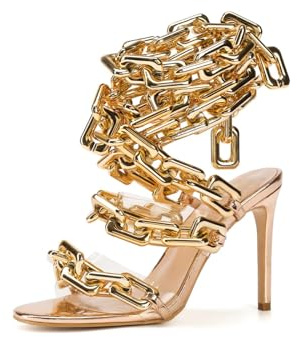 Frankie Hsu Luxury Women's Ankle Leg Lace Up Gold Link Chain Clear PVC Strappy Stiletto Round Toe High Heeled Sandals