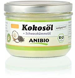 Anibio Bio Kokosöl Kaltgepresst 200ml | mit 5% BIO-Schwarzkümmelöl | Naturprodukt | Zur inneren und äußeren Anwendung bei Hunden | Reich an Laurinsäure | ideal zum Barfen | Nicht raffiniert