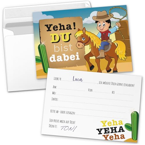 8 Einladungskarten Kindergeburtstag mit Umschlägen, Cowboy Pferd, Karte Geburtstag Einladung zum Ausfüllen