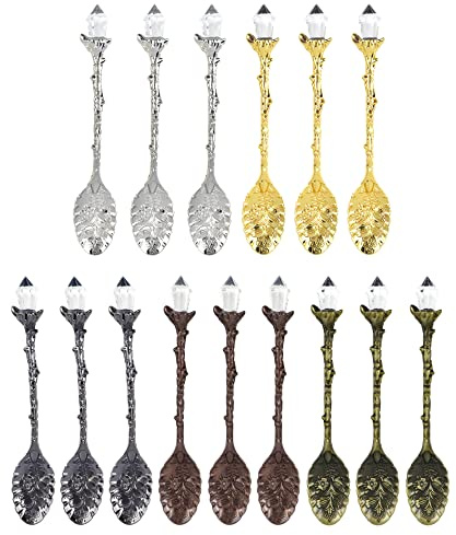 Crapyt 15 Stück Retro-Löffel, Kristalllegierung, dekorative Teelöffel, Kristalllegierung, Kaffeelöffel, Hexenlöffel für Nachmittagstee und Kaffee, 10,9 x 0,7 cm (Gold/Kupfer/Silber/Cyan/Pistolenfarbe)