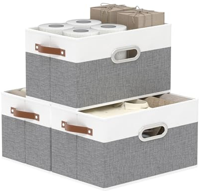 Yawinhe Aufbewahrungsboxen aus Stoff,3 Stück Faltbox,33x23x20cm,Weiß/Grau | Waschbare Faltbare Stoffboxen;Faltboxen Aus Vliesstoff,Ordnungsboxen aus Vliesstoff mit Griff;Organizer für Kleidung