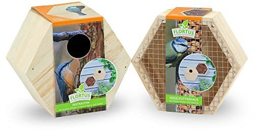 FLORTUS Set Vogelfutterhaus und Nistkasten aus Holz in Hexagon-Form | Vogelfutterspender und Nistkasten für Vögel für draußen | Vogelhaus Wildvögel
