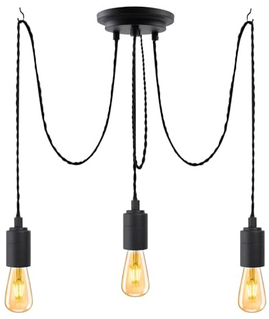 SHINY STAR 3flammige Schwarze Industrie Pendelleuchte,Mehrere Spinnen Deckenpendelleuchten Kronleuchter mit Verstellbarem 3m Gedrehtem,Geflochtenem Kabel,E27 Lampenfassung-82302BLK3