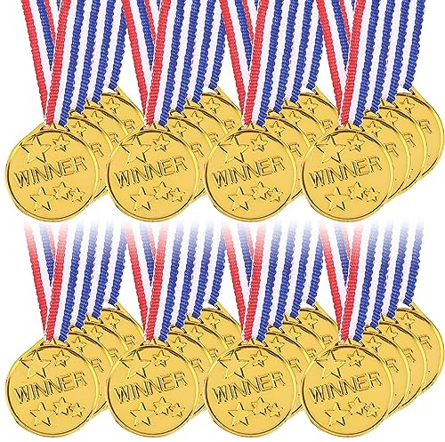 Medals Awards for Adults and Kids, 30 Pieces Gold Plastic Winner Award Medals Gold Winner Medals for Awards with Ribbon Necklaces, Medals for Sports Games Competition Students Rewards Talent Show