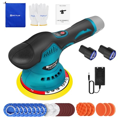 Polisseuse à main sans fil 12 V avec 2 batteries de 2000 mAh, 8 vitesses variables, Lustreuse Voiture, Polisseur de Voiture, Cireuse Lustreuse, idéal pour le meulage, le polissage, le cirage (bleu)
