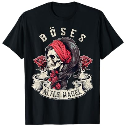 Böses Altes Mädel Totenkopf Bikerin Rosen Schädel Bandana T-Shirt