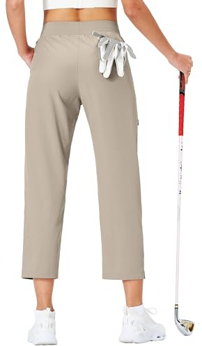 Ksmien Women's Golf Pants Lightweight High Waisted 7/8 Ankle Pant with 4 Pockets for Athletic Lounge Travel Work Khaki