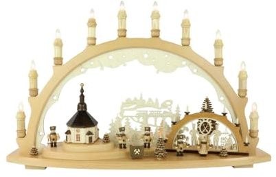 3D Holz Schwibbogen Lichterbogen Made im Erzgebirge (in verschiedenen Varianten erhältlich) (Bergmann Seiffener Kirche hell)