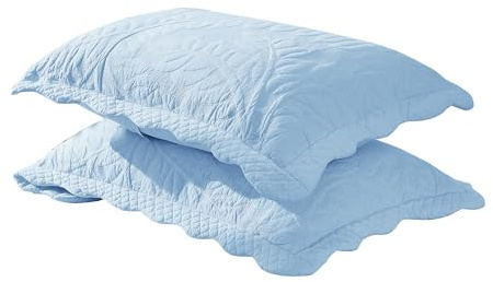 MarCielo 100% Cotton Embroidered Quilted Pillow Shams -Standard - Light Blue