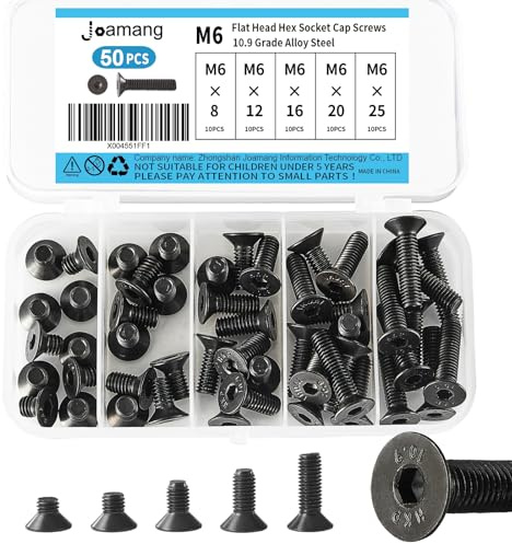 Joamang M6 x 8mm 12mm 16mm 20mm 25mm Flat Head Hex Socket Cap Screws Countersunk Bolts, 10.9 Grade Alloy Steel, Black Oxide Finish, Metric Allen Drive, Fully Threaded, Assortment Kit 50Pcs