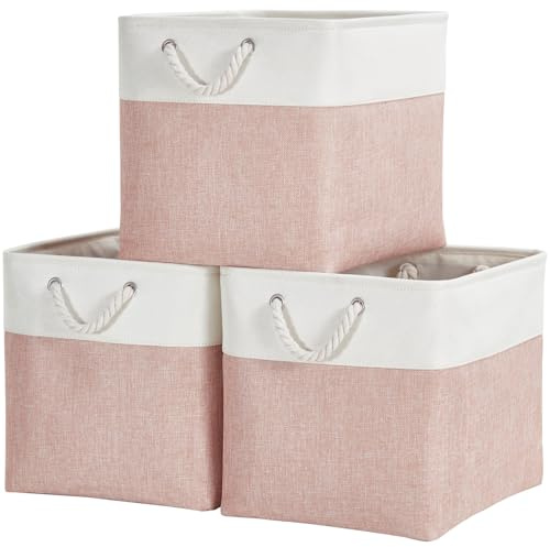 Mangata Aufbewahrungsbox,(33x33x33cm) Aufbewahrungskorb Stoff, Box in Würfel für Schrank, Regal, und Kleidung(Rosa/Weiß, 3er Pack)