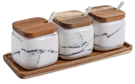 MIATTCLD Ceramic Salt and Sugar Container Set with Wooden Tray, 3pcs Porcelain Seasoning Jars with Lids and Spoons, Condiment Pot Pepper Spice Storage Canister for Home Kitchen Counter
