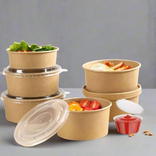 HOT BARGAINS 18oz Kraft Paper Salad Bowls with Lids and Sauce Pots, 50 Sets