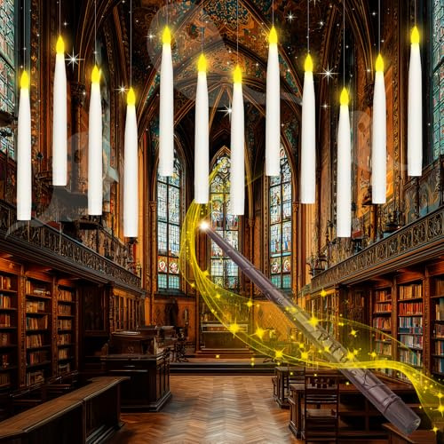 skelo Schwebende Kerzen mit Zauberstab Fernbedienung 12 Stück 6H Timerfunktion Floating Candles LED Kerzen Flammenlose Hängende Fliegende Kerzen für Halloween Deko