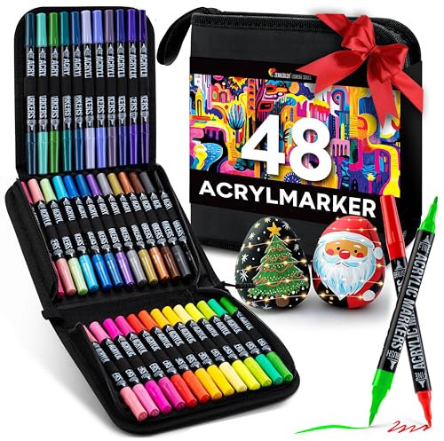 Zenacolor 48 Acrylstifte für Steine wasserfest mit Doppelspitze (feine Spitze und Pinsel) - Acrylstifte verschiedene Oberflächen - Multimarker Acryl mit einer Tasche