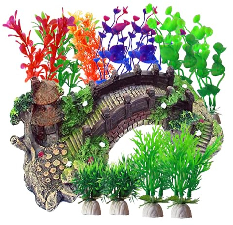 Piante ornamentali per acquario con ponte ad arco in resina, 12 pezzi, in plastica e padiglione decorativo per acquario, decorazione per acquario