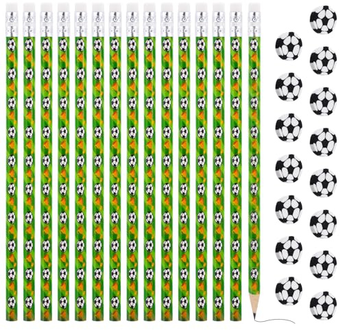 Vyuwast 15 Stück Fussball Bleistifte mit 15 Stück Radiergummi, Kinder Fußball Mitgebsel Bleistifte Deko für Schule Schreibwaren Kindergeburtstag