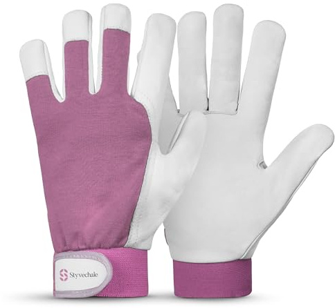 Gardening Gloves for Men & Women, Leather Palm & Breathable Spandex Back, Thorn-Proof Gardening Gloves, Multipurpose Safety Gloves for Mechanics, Warehouse, Driving, Digging, Landscaping (Pink, M)