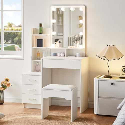 CLIPOP Schminktisch, Hollywood-LED, 3 Farben, 4 Schubladen, Hocker Weiß | Mit Spiegel, offene Regale, Kosmetiktisch, Frisiertisch, für Schlafzimmer, modernes Design, viel Stauraum 87*40*150 cm