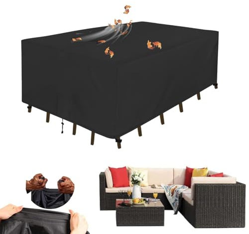 Housse Table de Jardin, Housse Salon de Jardin Exterieur, 340x180x100cm 600D Housse de Protection pour Mobilier Housse de Table de Jardin Extérieur Imperméable Anti-UV Résistant Au Froid Coupe-Vent