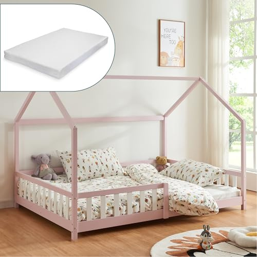 [en.casa] Kinderbett Hesel Hausbett mit Matratze 120 x 200 cm Rosa mit Rausfallschutz und Lattenrost Montessori Bodenbett Jugendbett Holzbett