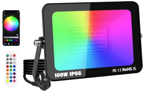 YOJZMA 1Pcs 100W Intelligent Projecteur LED RGB extérieur avec prise | 10000LM, réglable, 16 millions de couleurs, application et télécommande, étanchéité IP66, pour jardin, cour, aménagement