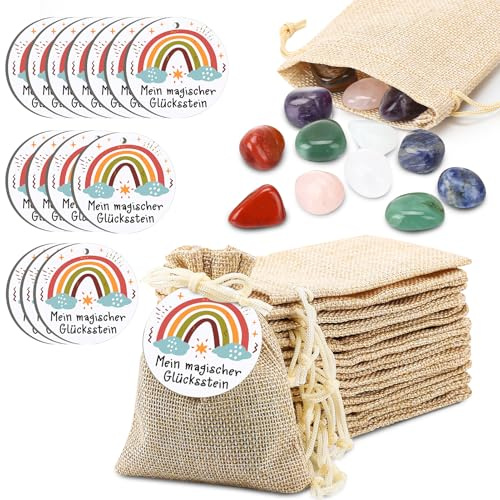 Kaisibum 14 Set Glückssteine,Bunte Muggelsteine mit Säckchen und Grußkarte | Bunte Muggelsteine mit Beigefarbene Säckchen und “Mein magischer Glücksstein” Regenbogen Grußkarten für Mitgebselstein,Glücks