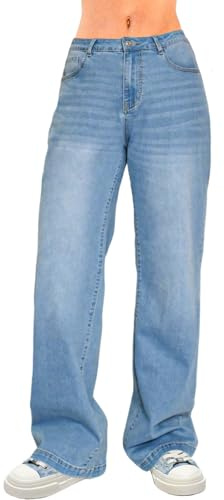 LuminBlaze Baggy jeans dam hög midja vintage jeansbyxor breda ben lös passform denim jeans vida ben, Ljusblå, 30W / 32L