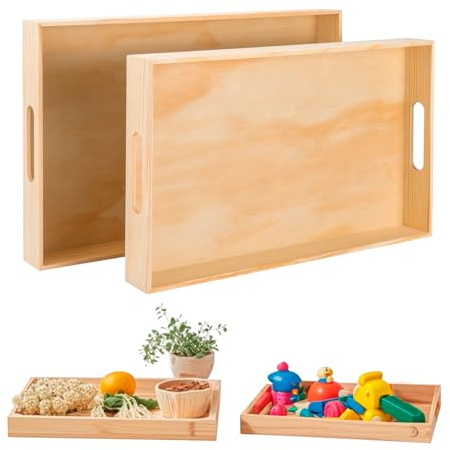 Wooden Serving Trays with Handle - 2 Pieces Unfinished Wood Nested Breakfast Food Serving Trays for Craft Kids Montessori Snacks Home Decor Kitchen Party Dinner