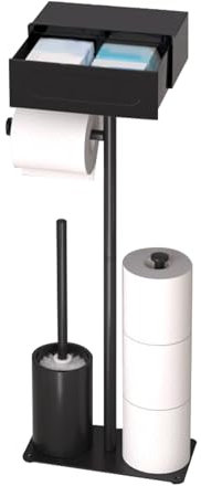 Portarrollos de papel higiénico con estante, escobilla y soporte para rollos de repuesto, 59 cm de altura, negro, independiente (con cajón)