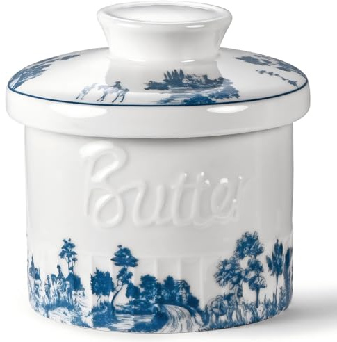 COPORISO Mantequera de cerámica con tapa, mantequillera francesa con línea de agua para encimera, recipiente para mantequilla untable, soporte para recipiente para cocina y decoración del hogar, 6.7