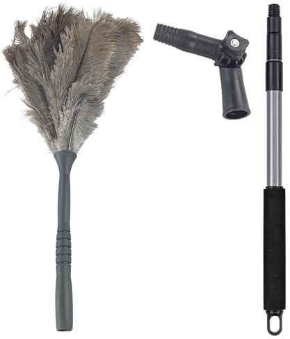 Straußenfeder-Staubwedel, mit ausziehbarem Teleskopstiel, Knickgelenk & Staub-Anziehung, für empfindliche Oberflächen, Allergikerfreundlich, bis zu 4m Arbeitshöhe