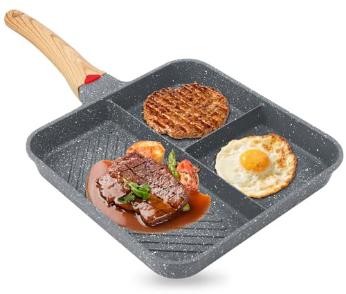 3-Section Frying Pan Non Stick, 24.5 Small Egg Griddle Pan with Wooden Handle Long Lasting Induction Grill Omelette Divided Pans Suitable for All Cooking hobs
