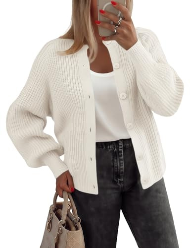 Zeagoo Cárdigan de Punto Mujer Corto Cuello Redondo con Botones Abierto Suéter Elegante Casual Chaqueta de Punto para Mujer Blanco XXL