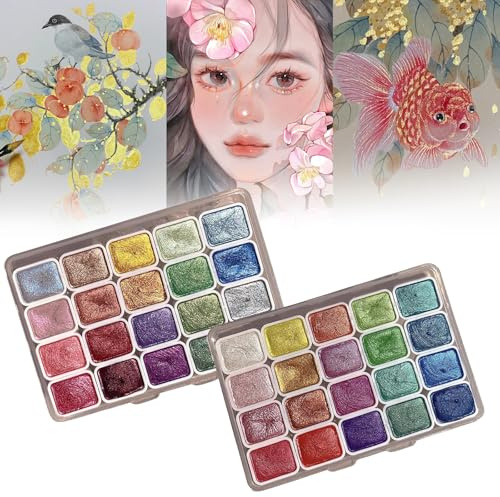 AKINSTER Aquarellfarben Set, 40 Farben Aquarellkasten Watercolor Paint Set Glitzer Aquarellfarben Metallic Geschenk für Künstler Anfänger und Profis Maler