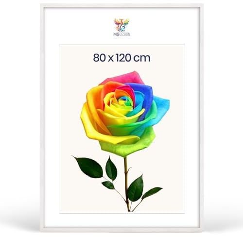 MG Design Bilderrahmen 80 x 120 cm – Posterrahmen mit Weiß Holzrahmen (Echtholz) und bruchsicherem Acrylglas, Hoch & Quer mit verstärkter Wandaufhängung