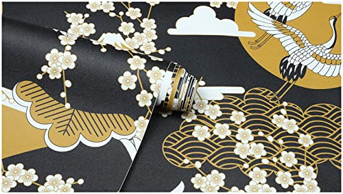 LZH-LP Carta da Parati Adesiva Ukiyo-e Monte Fuji Gru e Fiori di Ciliegio, 45x500CM Decorazione Parete Orientale per Camera da Letto Soggiorno Cucina Mobili Rinnovamento Fai da Te