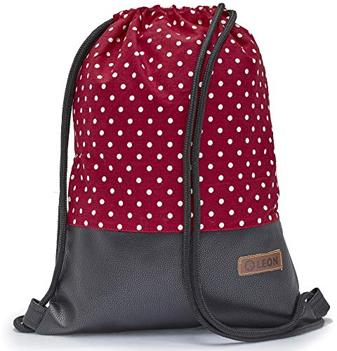By Bers LEON Turnbeutel mit Innentaschen Reißverschluss Rucksack Beutel Tasche Damen Männer & Teenager Gymbag Gymsack (TB_WeißPunktRotswPU)