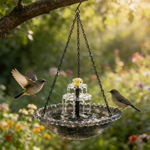 Vogeltränke Hängend mit Solarbrunnen, Solar Vogeltränke Balkon, Vogelbad Garten zum Aufhängen, Wassertränke für Vögel mit Springbrunnen Wasserspiel,Metall Trinkschale Vögel für Garten Hof Outdoor (D)
